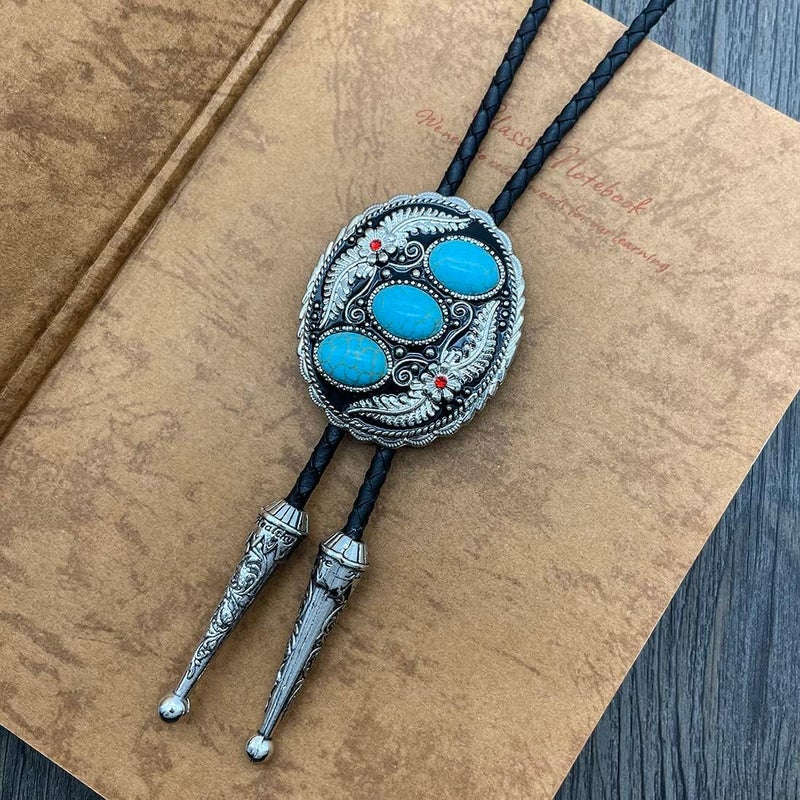 QUKE Vintage Native American Western Cowboy Blue Natural Turquoise Stone Bolo Tie Hand-woven Leather Bola Tie Necktie for Men - Image 3